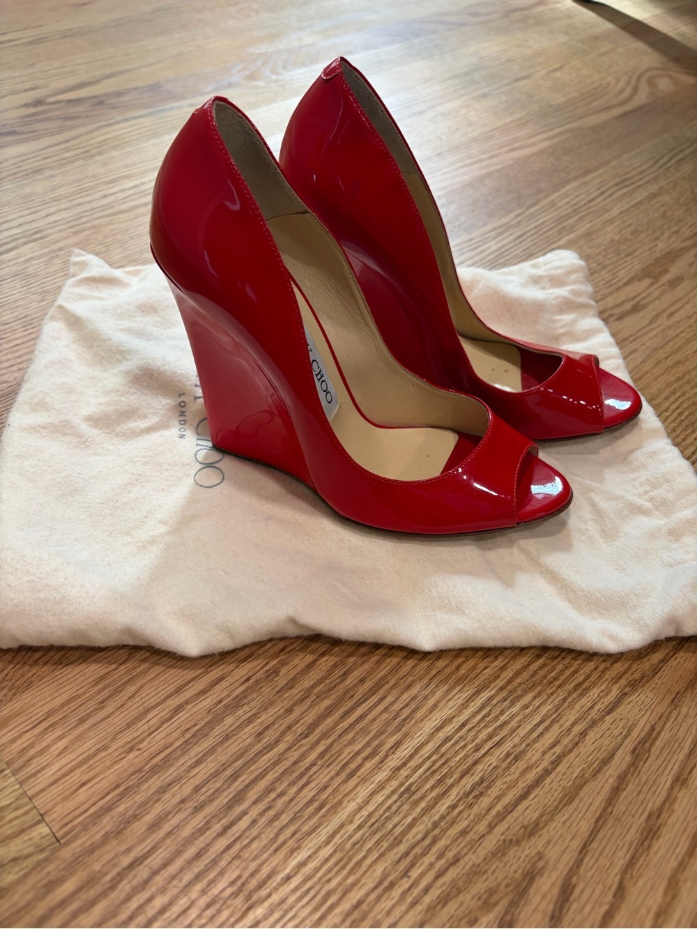 Jimmy Choo Red Patent Peep-Toe Wedge Heels